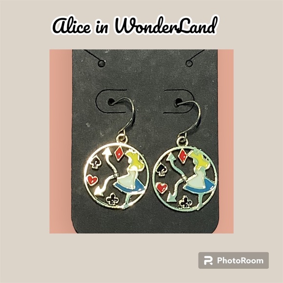 Round Alice in Wonderland Inspired Dangle -Literary Fantasy - Clock Earrings - Picture 3 of 6